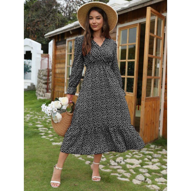 Elegance Graceful and Fashionable Bohemia Style V-neck Floral Elastic and Waisted Ruffles Long Sleeves Dress Long Dress for Women
