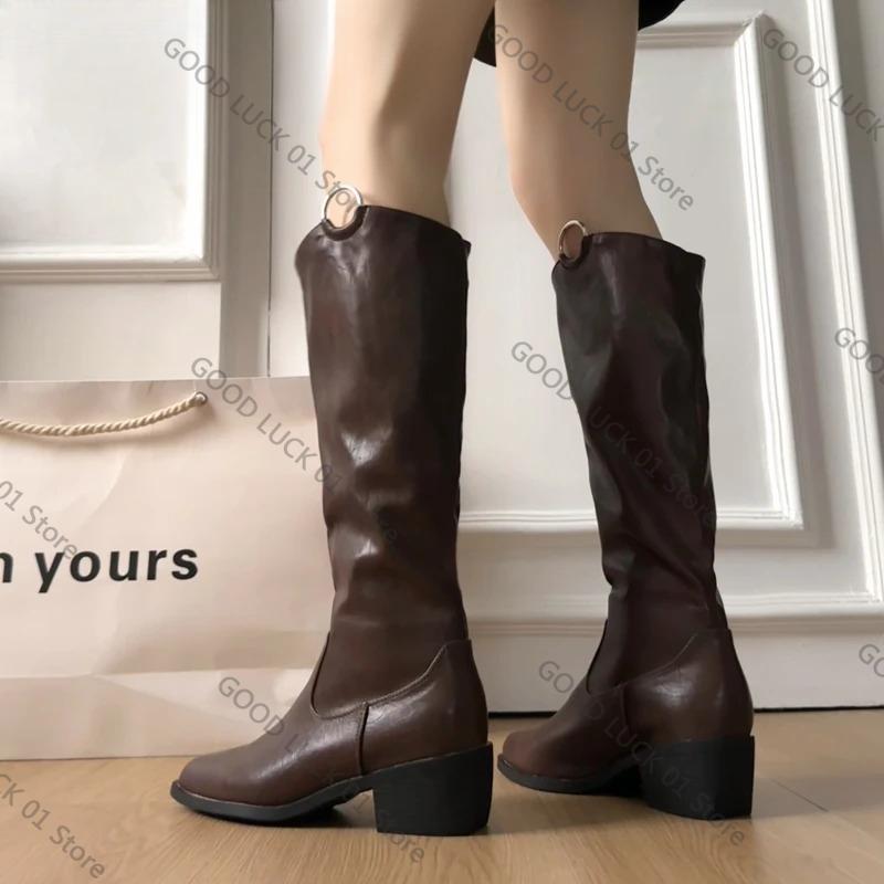 Fashion 2025 Winter Vintage Women Knee High Boot Concise Slip On Thick Heel Shoes Square Toe Knight Long Booties