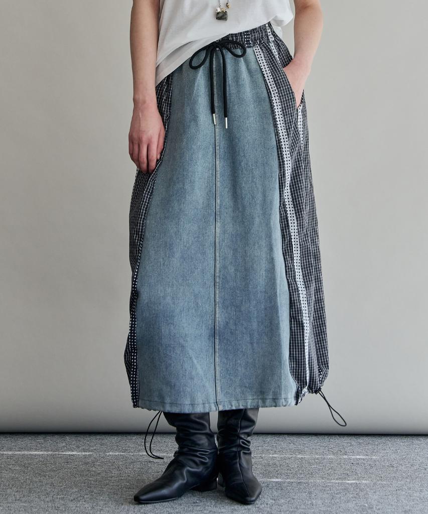 MAXZA Check Color Block Denim Elastic Long Skirt
