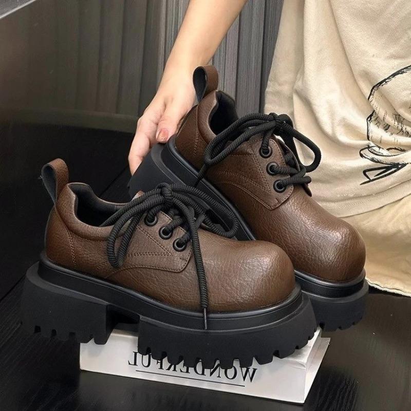 

Мода 2024 года Женская обувь Ретро Женская повседневная обувь Британский стиль Высокое качество Круглый носок Модные шнуровки Женская кожаная обувь 39 коричневый