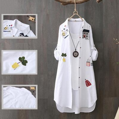 Women Embroidery Loose Long White Shirts Spring Autumn New Casual Office Lady Blouse Female Top Oversize Blouse