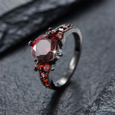 Huajie Women's Inlaid Red Zircon Rings Retro Gothic Gun Black Wedding Female Tail Ring Delicate  Trendy
