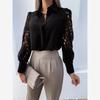 Women Black White Hollow Out Shirts Pure Color Lace Patchwork Shirt Shirt