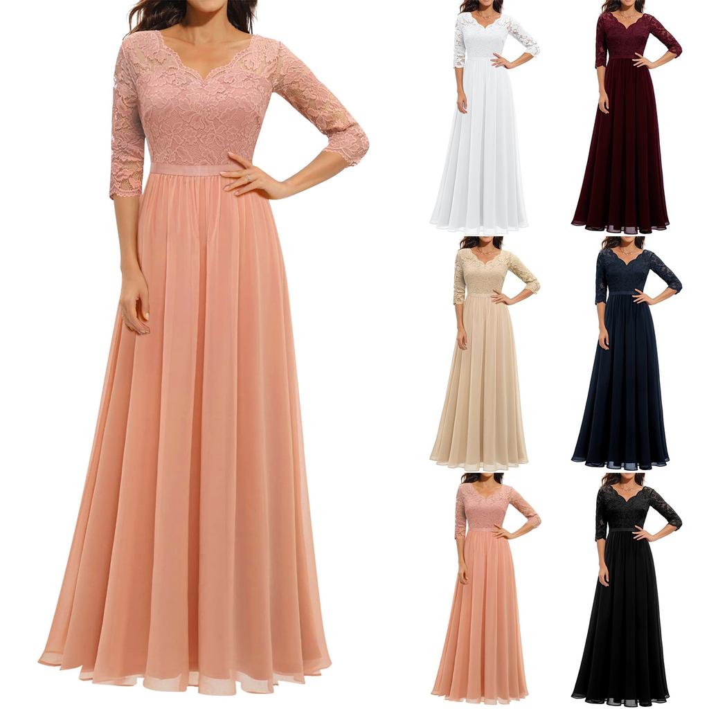 Ladies Temperament Long Sleeve Casual Lace Stitching Solid Color Dress