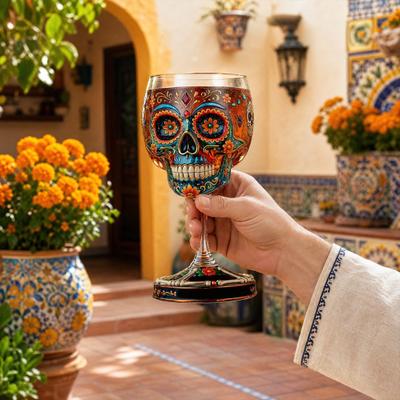 Gothic Skull Wine Glass Hand Painted Skeleton Goblet Day of