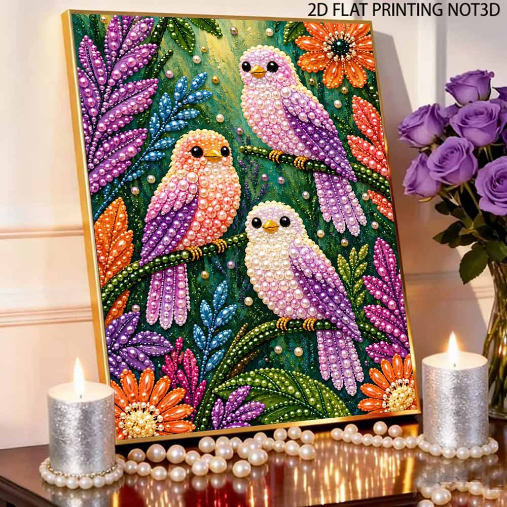 Beautiful Framed Pearl Painting Kit Cute Birds and Flowers Design DIY 3D Bead Art Canvas Creative Wall Decor Gift for Adults