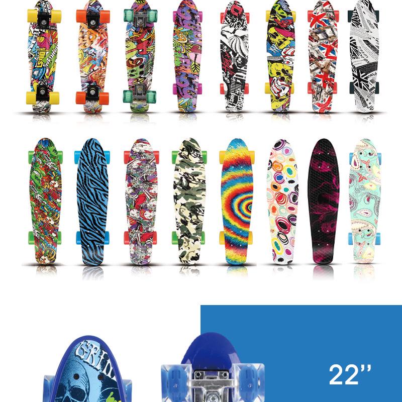 22" Beginner Adult Skateboard with Plastic Deck, Single Kick, and Water Transfer Design for Street Cruising.