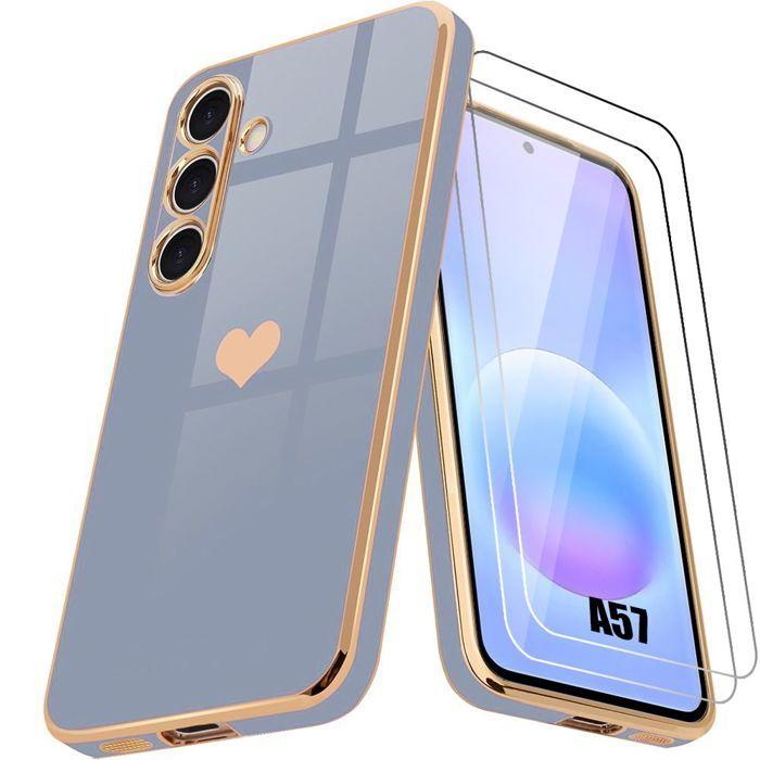 Hülle für Samsung Galaxy A57 5G, Silikon Herzmuster Stoßfest Kratzfest Blau - 2 Gehärtete Gläser