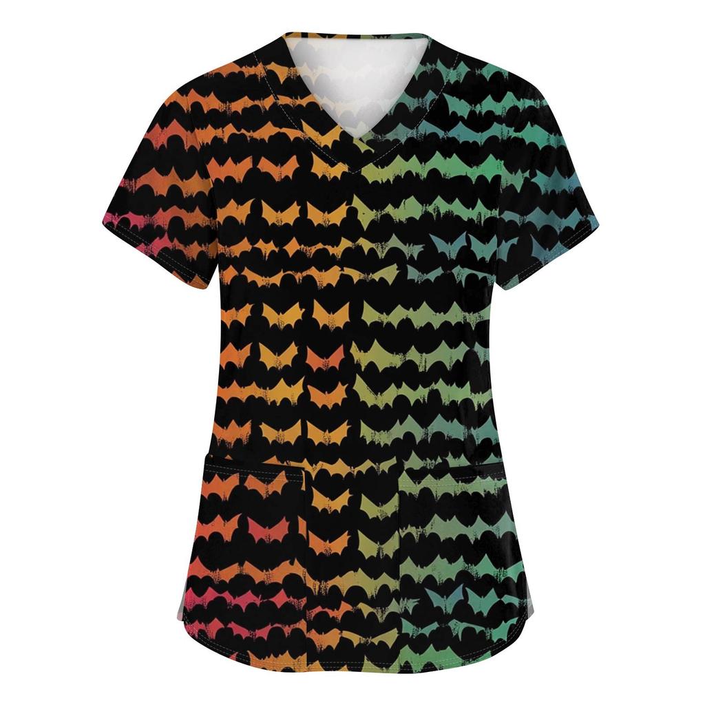 Women's Fashion V-neck Short-sleeved Work Uniform With Pockets, Halloween Print Top