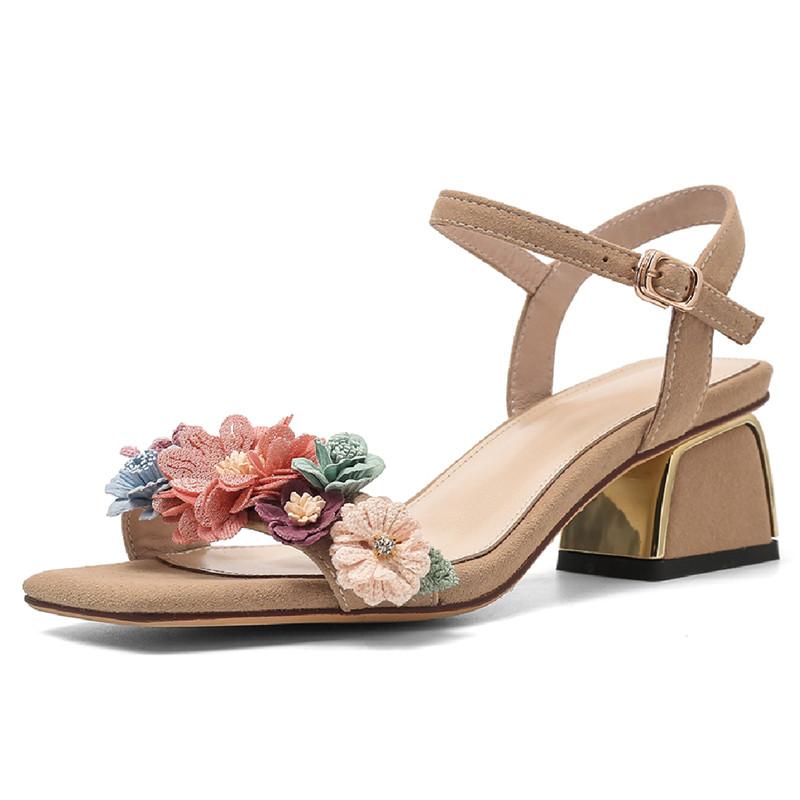 

Fashion Sweet Flowers Women s Suede Sandals Leather Summer Shoes Square Toe Block Low Heels Elegant Party Flip Flop Shoes Ladies 34 бежевый
