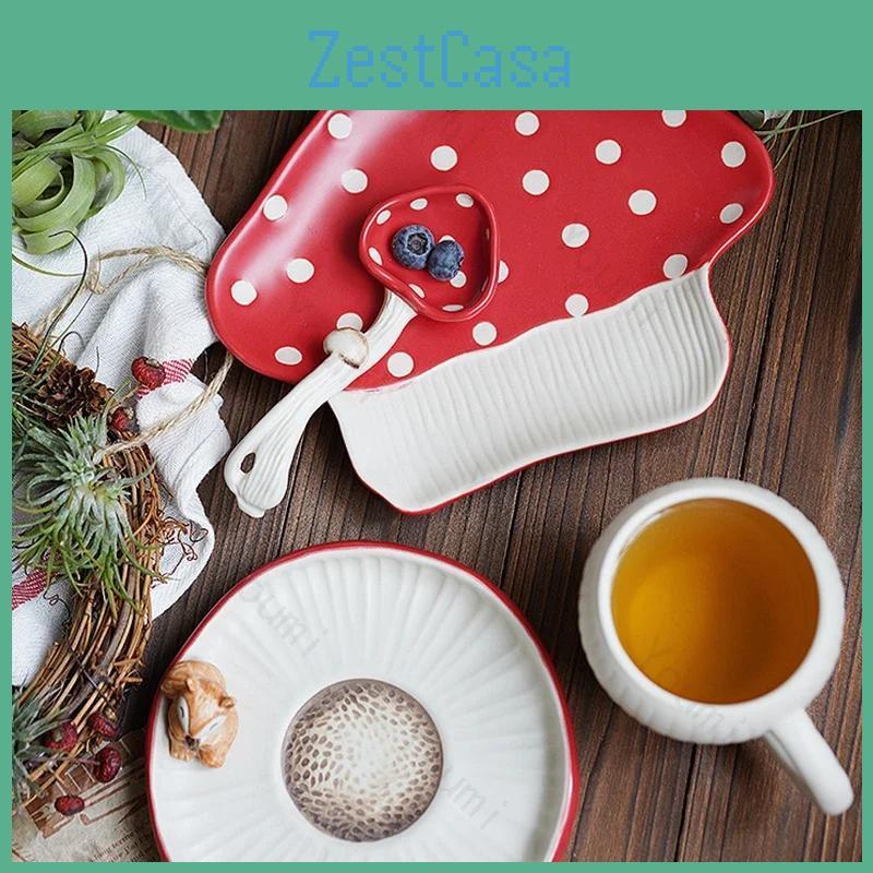 Pilzrot Keramik Geschirr Niedliche Nachmittagstee Kaffeetasse Teegeschirr Kreativ Cartoon Dessertteller Zuhause Exquisite Salatschüsseln
