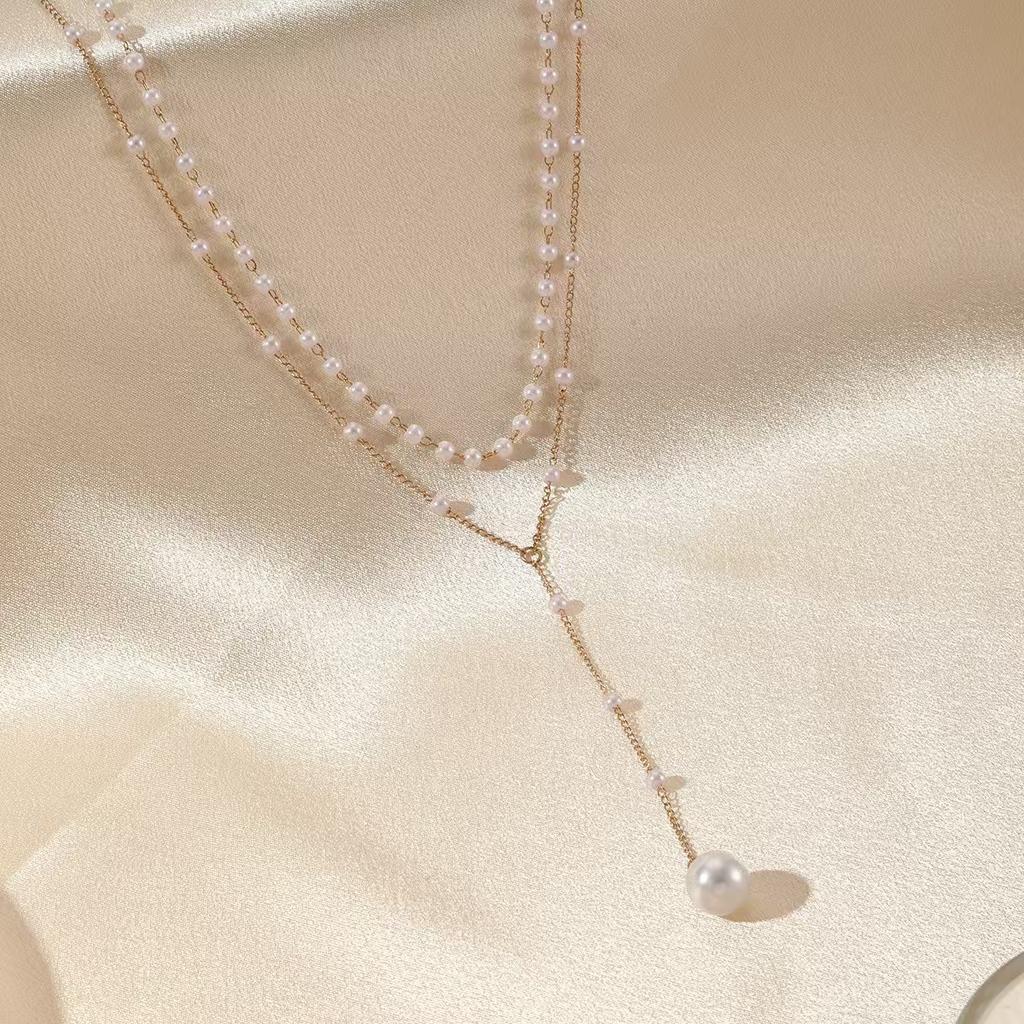 Double Layer Pearl Tassel Necklace Y Shape Chain Layered Pendant Jewelry for Women Elegant Design Lightweight Accessory