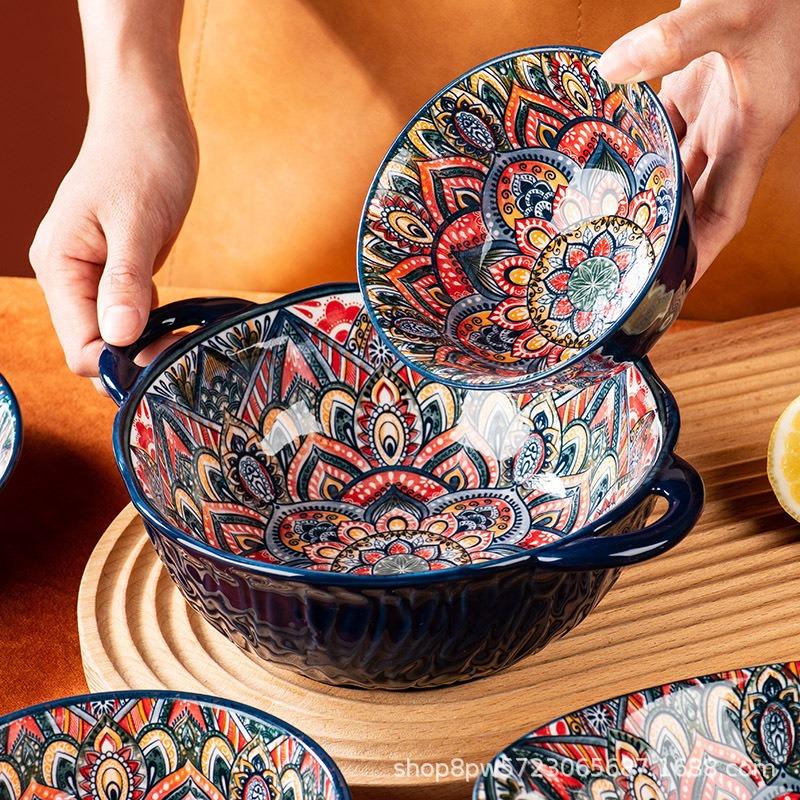 Bohemian ceramic dishes tableware set household baking pan handle bowl rice bowl binaural bowl soup bowl plate