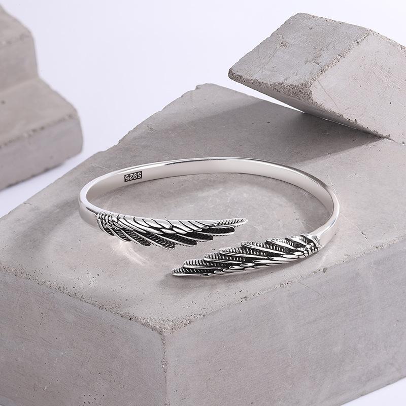 Argento Thailandese Retrò Piuma Semplice alla Moda Argento Sterling 925 Design Personalizzato Ali Ins Trendy Braccialetti Aperti SL102