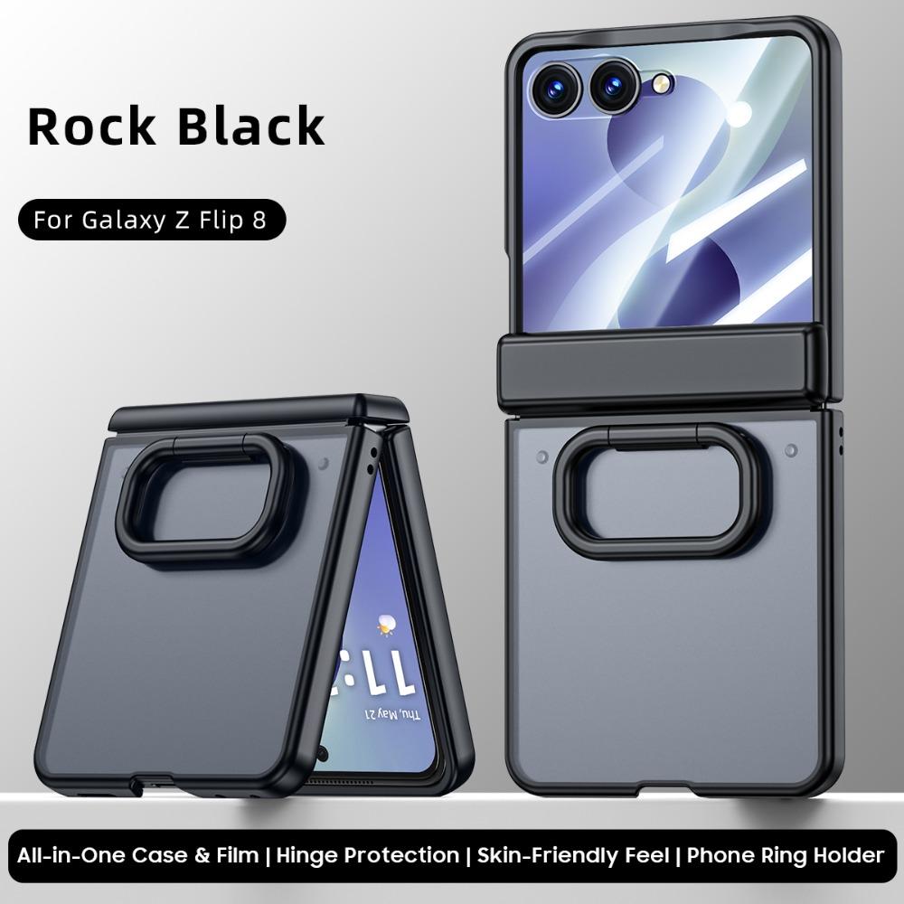 Luxury Ultra-thin Matte Skin Feel Ring Holder Case For Samsung Galaxy Z Flip 8 7 Bracket Tempered Glass Film Shockproof PC Cover
