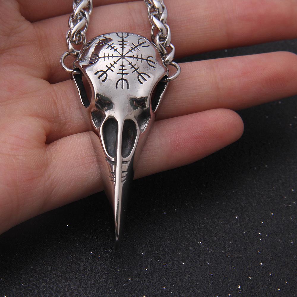 Stainless Steel Raven Helm of Awe Pendant, Norse Mythology Viking Odin Skull Vintage Aegishjalmur Amulet Necklace for Men Women