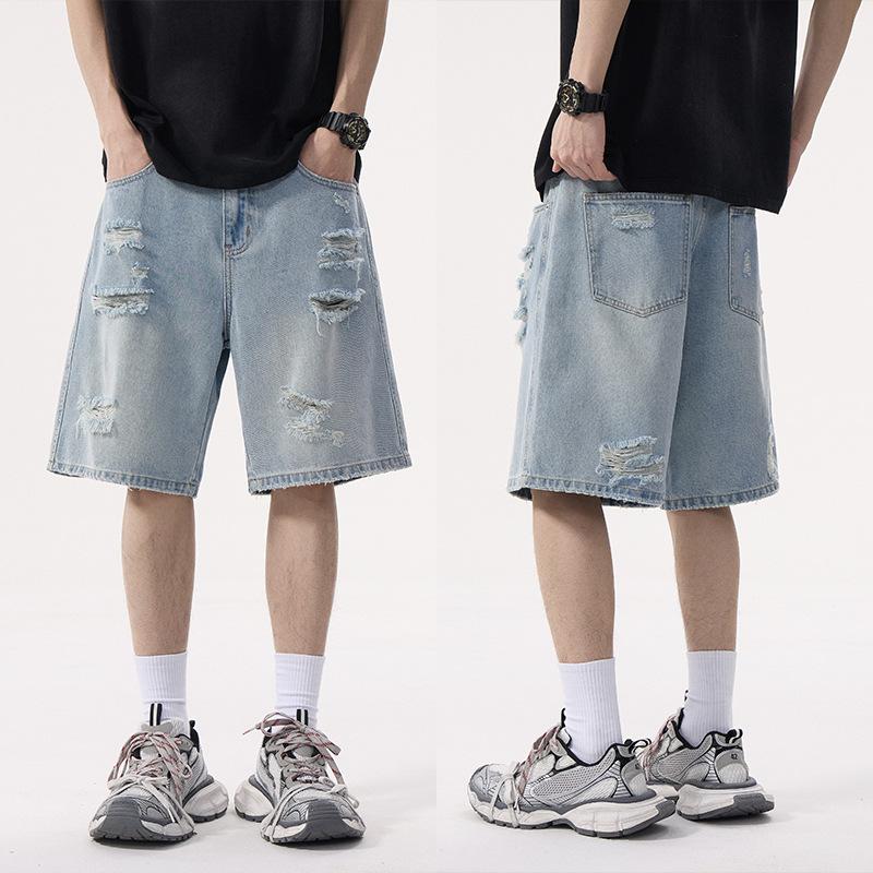 Summer American Casual Old Ripped Denim Shorts Men and Women Straight Loose High Street Five-point Pants