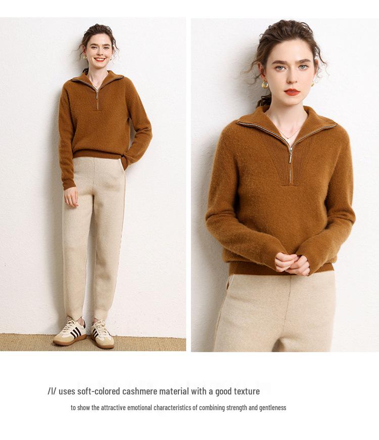 Women's Cashmere Bobble Stitch Half-High Collar Zipper Cardigan