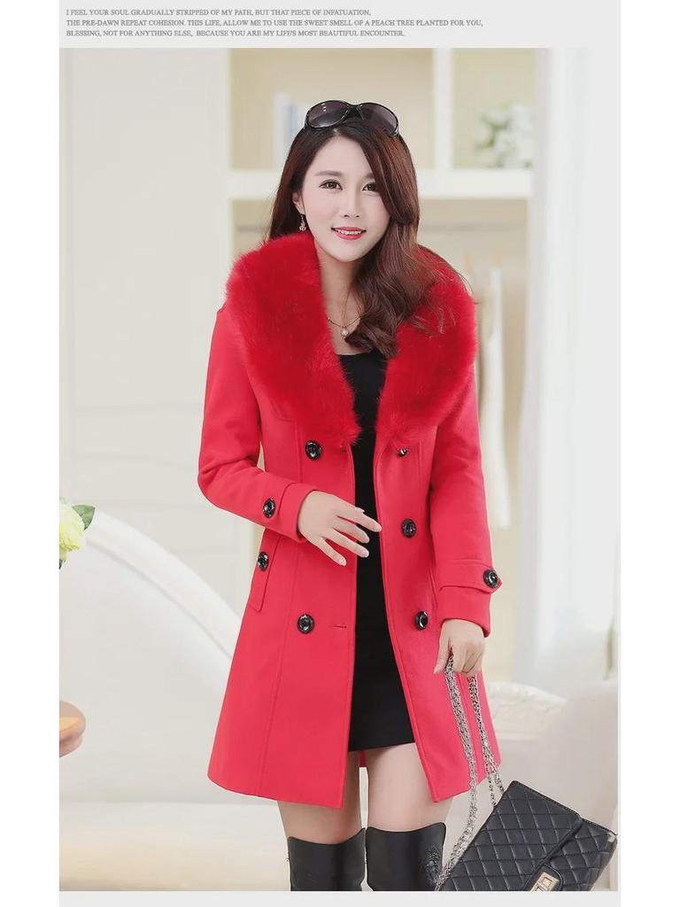 Women's Double-Breasted Wool Coat with Fur Collar