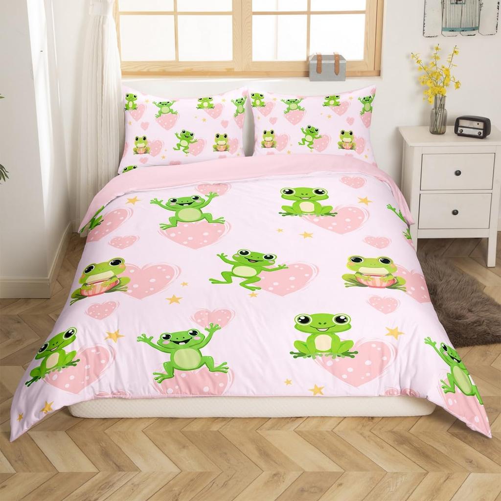 Puppy Dog Duvet Cover Queen King,Cartoon Animal Bedding Set For Kids Boys Girl,Microfiber Watercolor Pink Love Heart Quilt Cover