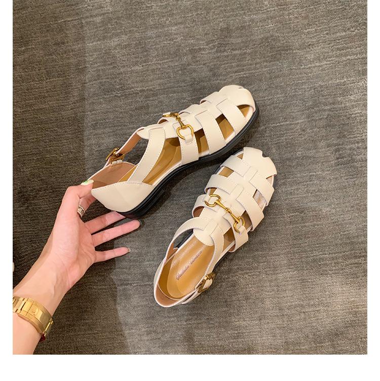 Leather Roman Sandals Women's Hollow 2025 Summer New Beach Shoes Woven Horse Buckle Retro One-word Buckle Cool Slippers