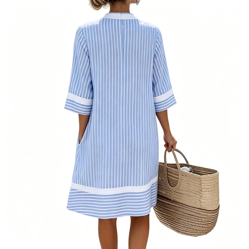 Womens V Neck Striped Loose Fit Pullover Dress with Half Sleeve and Sun Lightweight Beach Cover Up Tunic
