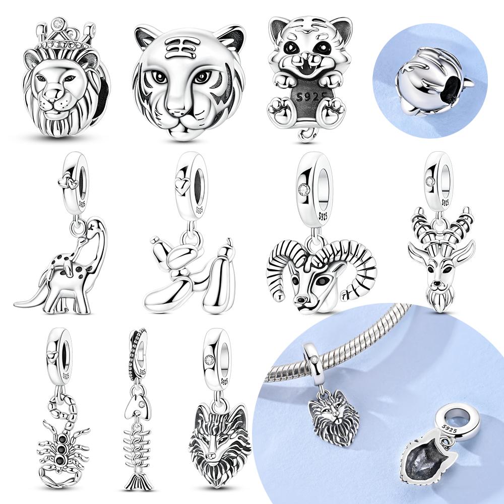 Animal Charms 925 Silver Antelope Tiger Lion Beads Fishbone Dinosaur Pendant Fit Bracelet Woman Fashion Jewelry Exquisite Gifts