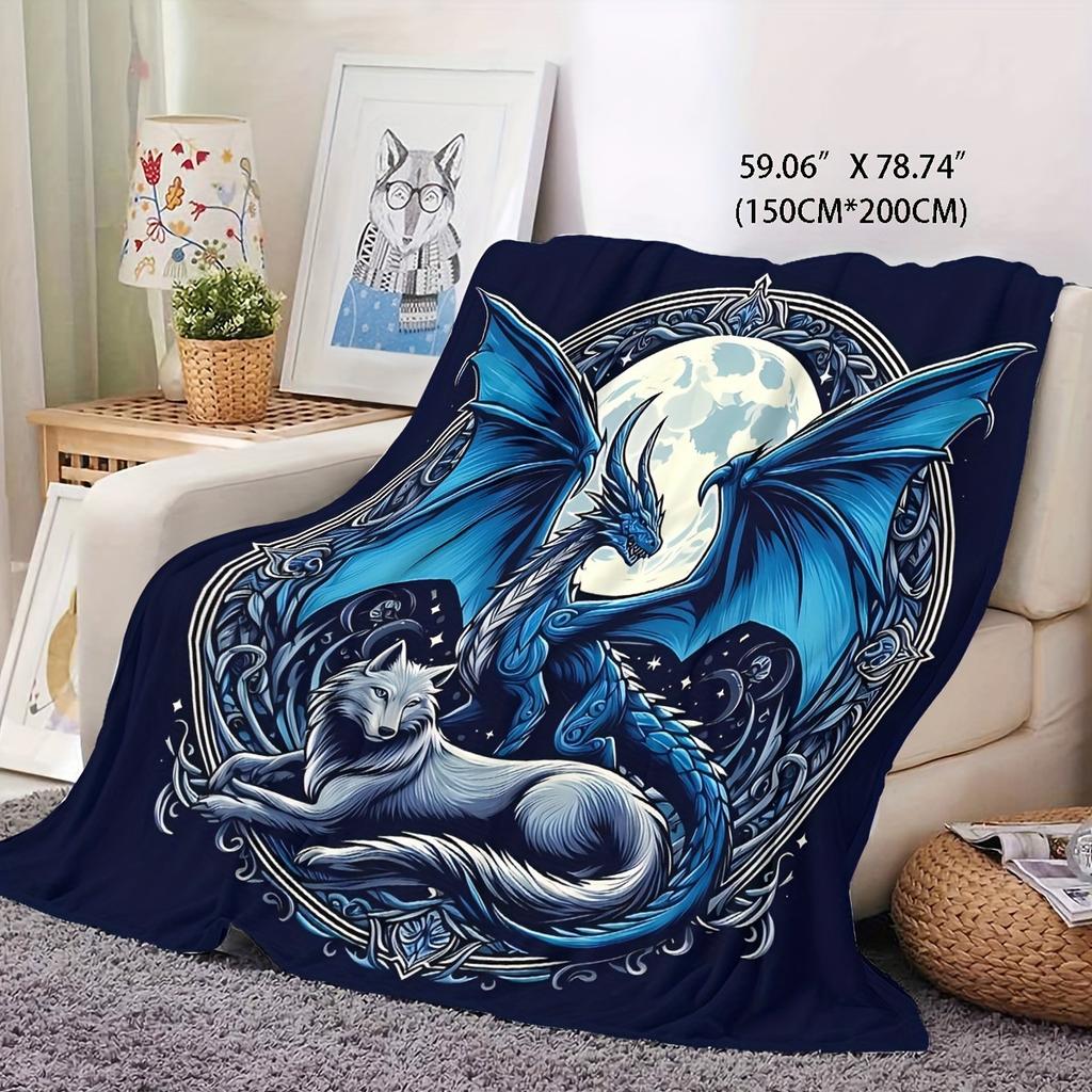Ice Dragon and Wolf Flannel Printed Blanket Soft Comfortable Bed Blanket Modern Style Themed Decorative Blanket