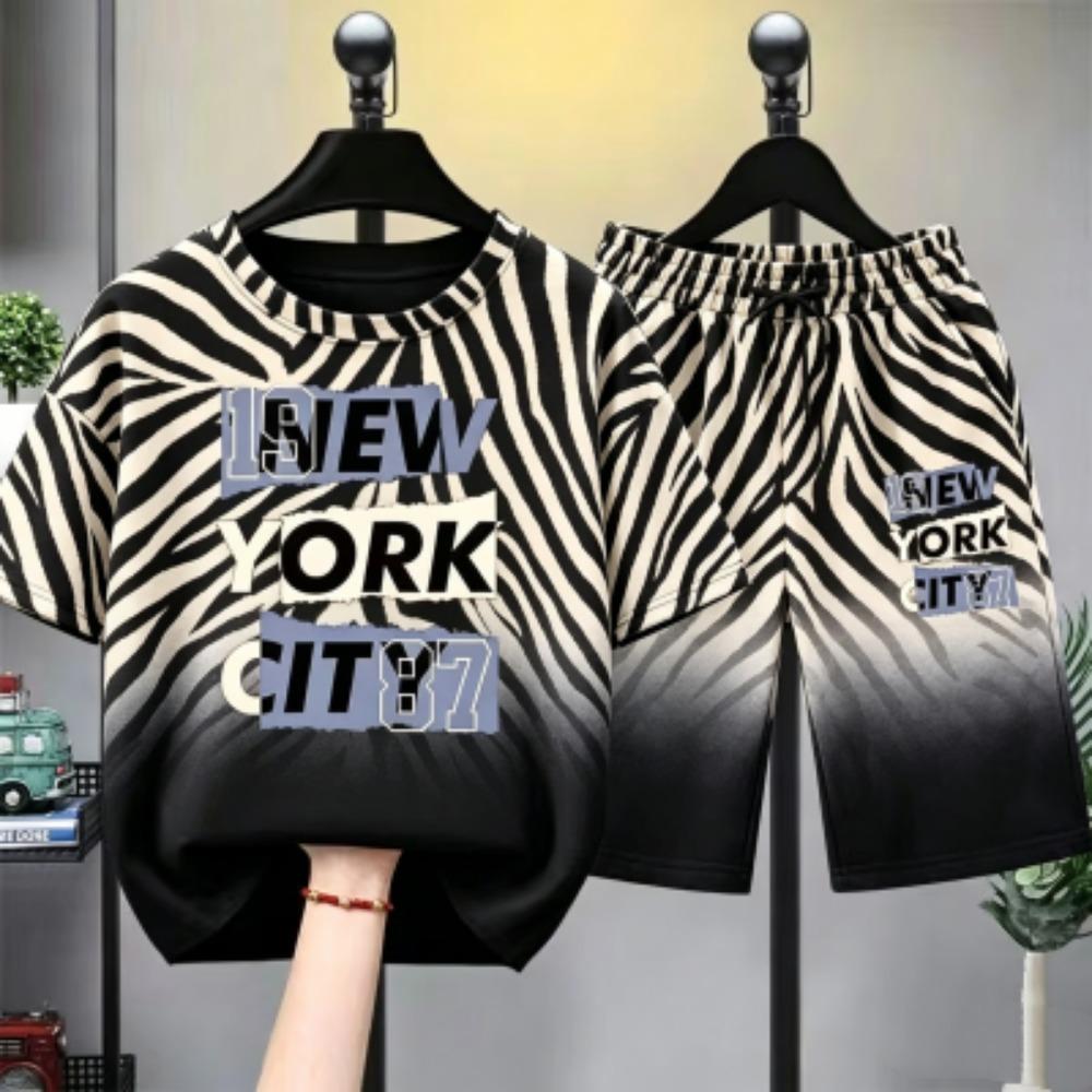 Leopard Zebra Streifen Buchstaben Aufdruck Kinder T-Shirt und Shorts 2-teiliges Set Sommer Freizeit Outfit für Jungen und Mädchen Kinder T-Shirt Set