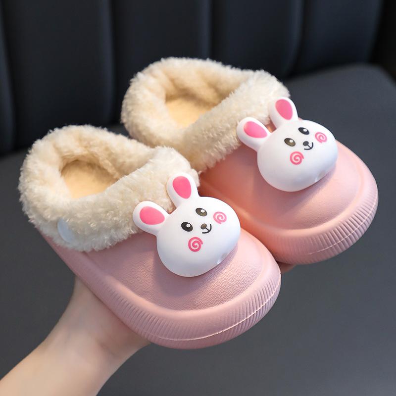 Baumwoll-Hasenpantoffeln für Kinder für drinnen, warme Plüschpantoffeln für Mädchen, niedliche, rutschfeste, wasserdichte Schuhe für den Heimgebrauch im Winter