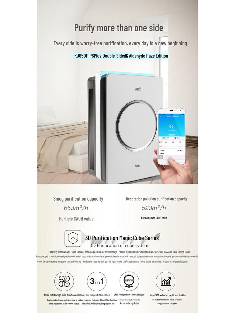 Yadu Air Purifier KJ650F-P6Plus: Advanced Double-Sided Purification for Odor and Formaldehyde Removal in Household, Bedroom, and Living Room