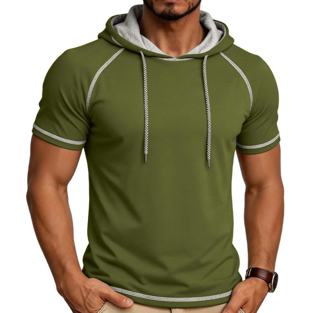 Camiseta de Manga Corta con Capucha para Hombre Casual Pullover Ligera Manga Raglán Sudadera con Cordón Ajuste Atlético Top de Verano