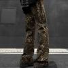 Pantaloni di Jeans Larghi a Vita Alta con Stampa Leopardo Streetwear da Uomo