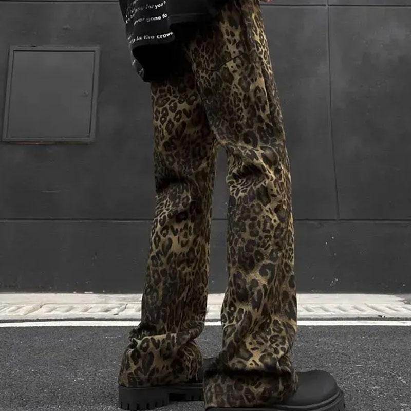 

Men s Streetwear Leopard Print High Waist Wide Leg Denim Pants S