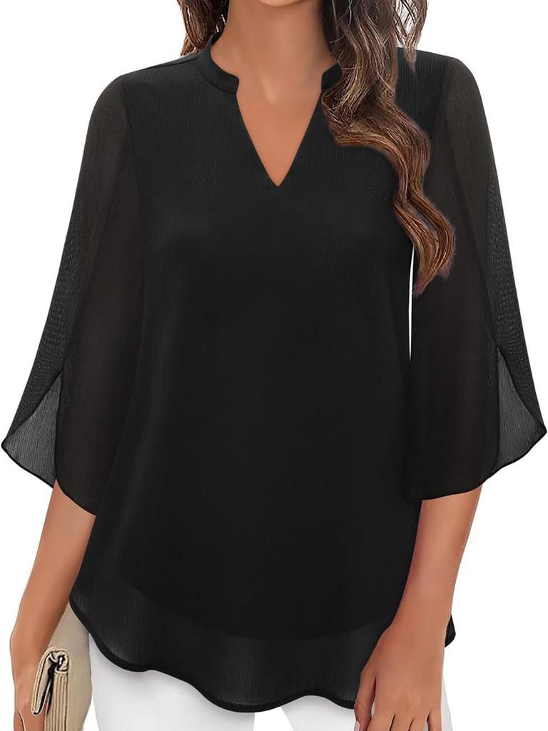Casual Summer New Women's Floral Sleeve Top Loose V-Neck Chiffon Shirt