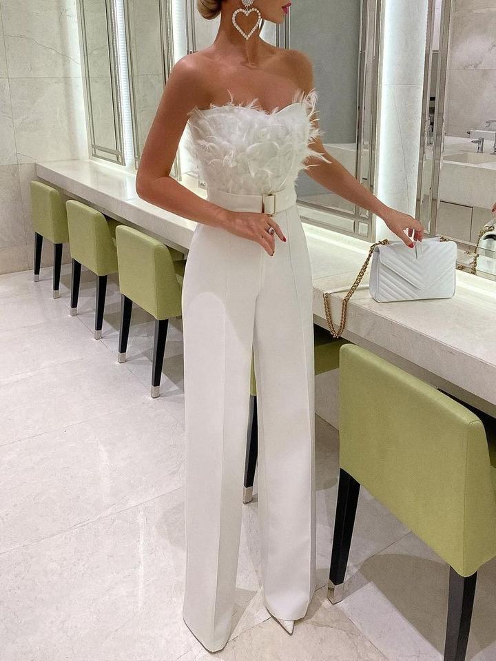 Stylish European & American Feather Strapless Jumpsuit