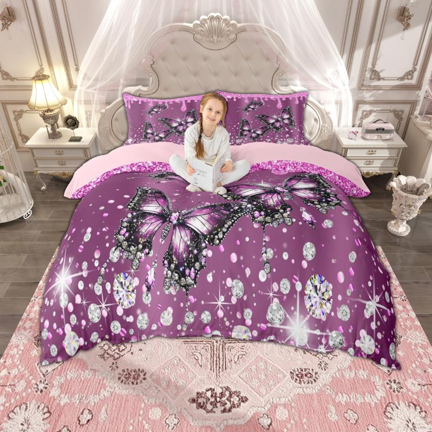 Homewish Chic Butterfly Duvet Cover Set For Girls Cartoon Animal Bedding Set Flying Wildlife Quilt Cover Set