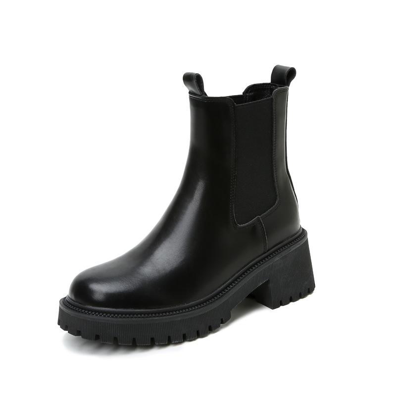 New Chelsea Short Boots Women's British Short Single Boots Round Martin Boots Heightened Thick-soled Cigarette Boots