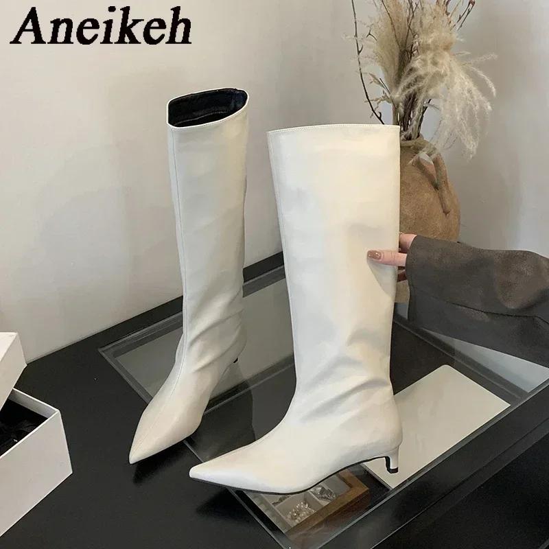 Aneikeh New Brown2026 Fashion Luxury Pointed Toe Ladies Long Knee Women Modern Boots Female Shoes Kitten Heels Western Boots