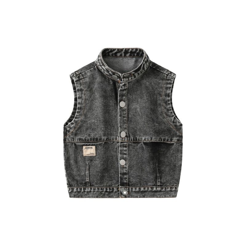 Spring and Autumn Boys' Stylish Denim Vest Children's Clothing Kids' Stand Collar Cardigan Baby Sleeveless Solid Color Jacket