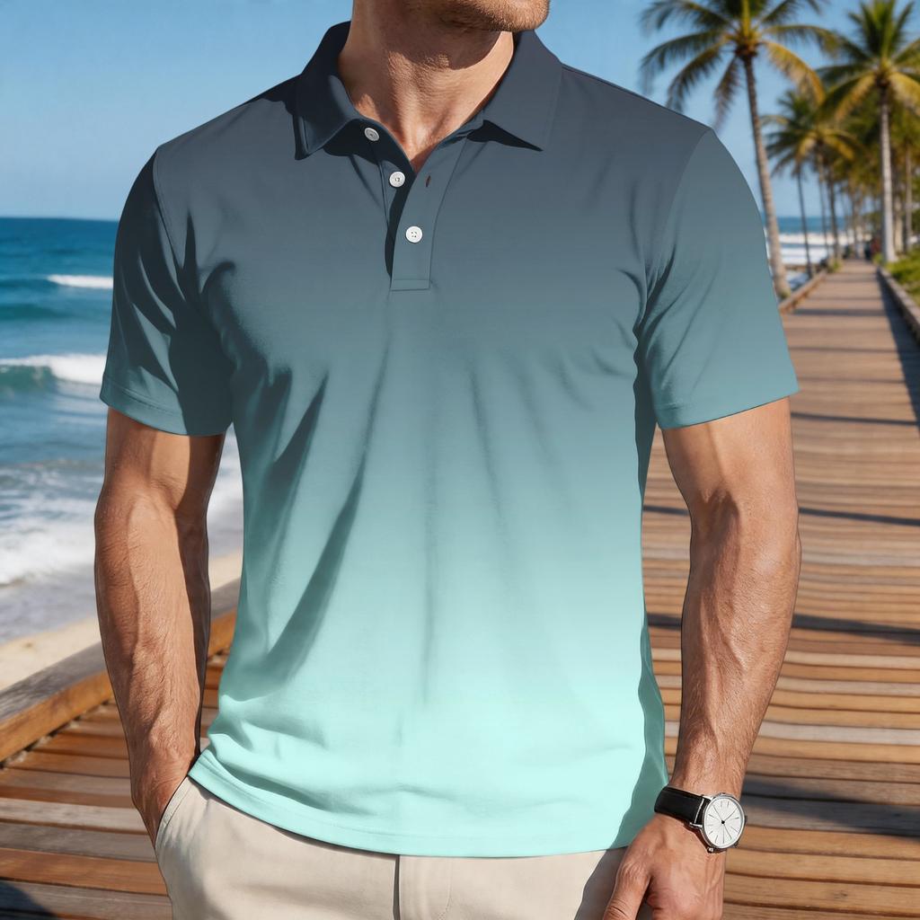 Men’s Loose Fit Casual Gradient Print Short Sleeve Polo Shirt with Turn Down Collar Soft Comfortable Fabric