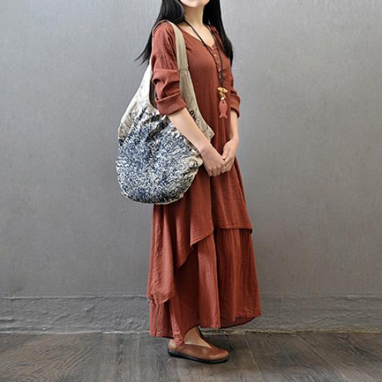 Women Fashion Autumn Casual Rayon Linen Long Sleeve Maxi Dress Kaftan