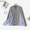 ZANZEA Women Casual V-Neck Long Sleeve Patchwork Blouse