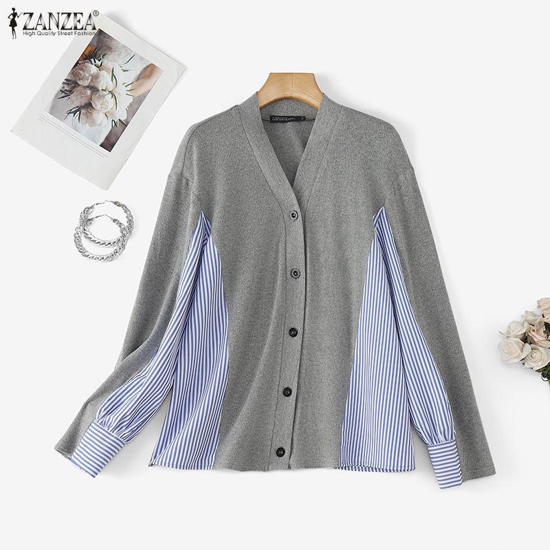 ZANZEA Women Casual V-Neck Long Sleeve Patchwork Blouse