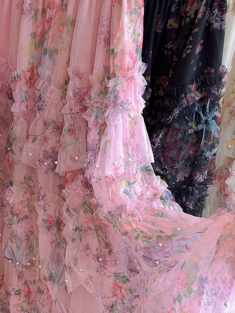 Tüllrock mit Perlen und Blumendruck und unregelmäßigem Saum - Damen Netz-Puffrock
