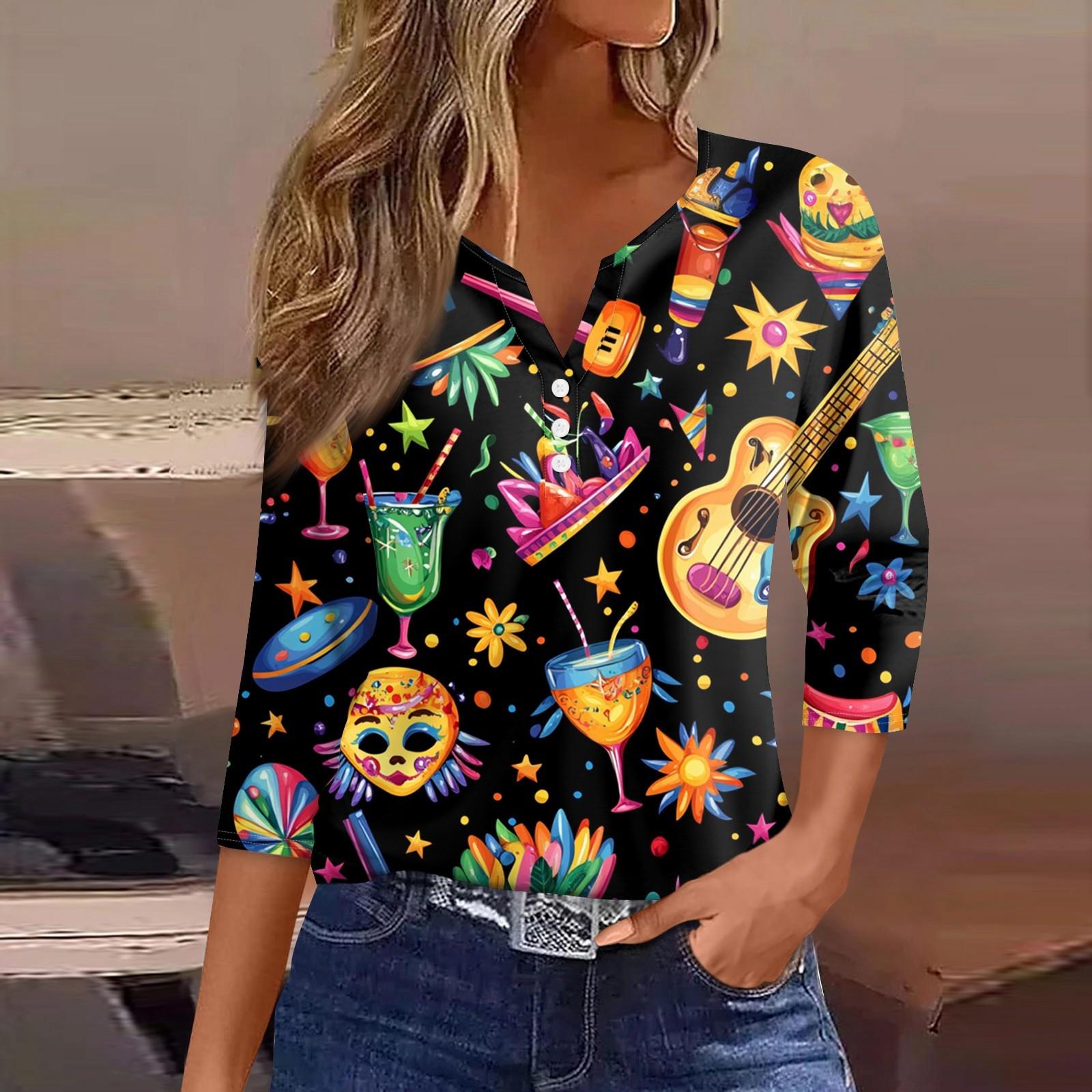 

Женская мода повседневная футболка с V-образным вырезом и декоративными пуговицами и рукавом три четверти с принтом карнавала M оранжевый