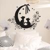 Feline Silhouette with Floral Accents Wall Stickers, Elegant Black Cat and Flowers Wall Art for Bedroom, Living Room and Hallway Decor