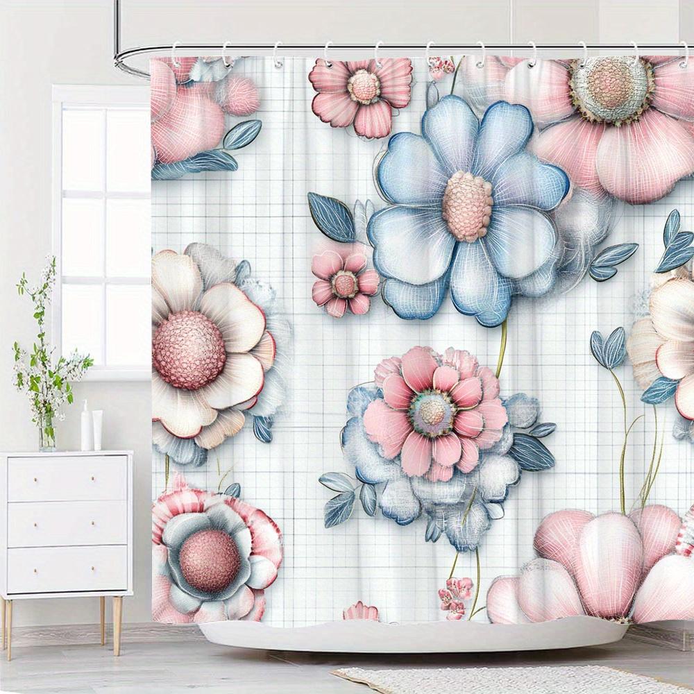 

1pc Watercolor Floral Shower Curtain with 12 Hooks, Pink & Blue Textured Petal Design, Vintage Charm, 70x70 Inches - Polyester 90x180cm