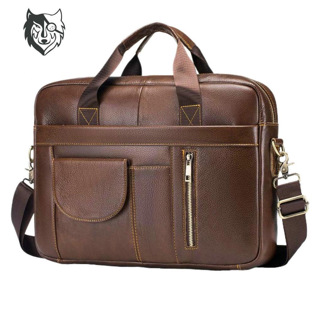 Men's Genuine Leather Business Laptop Briefcase - Large Capacity, Top Layer Cowhide, Crossbody Shoulder Bag
