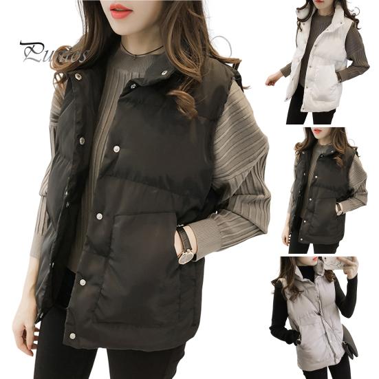 Winter Cotton Vest Women Single-breasted Stand Collar Padded Thicken Solid Color Waistcoat Keep Warm Neck Protection Sleeveless for Outdoor